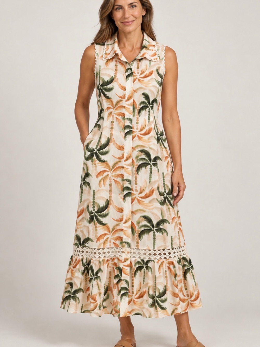 Taylor Sleeveless Palm-Print Maxi Coverup in Cream, Green and Tan